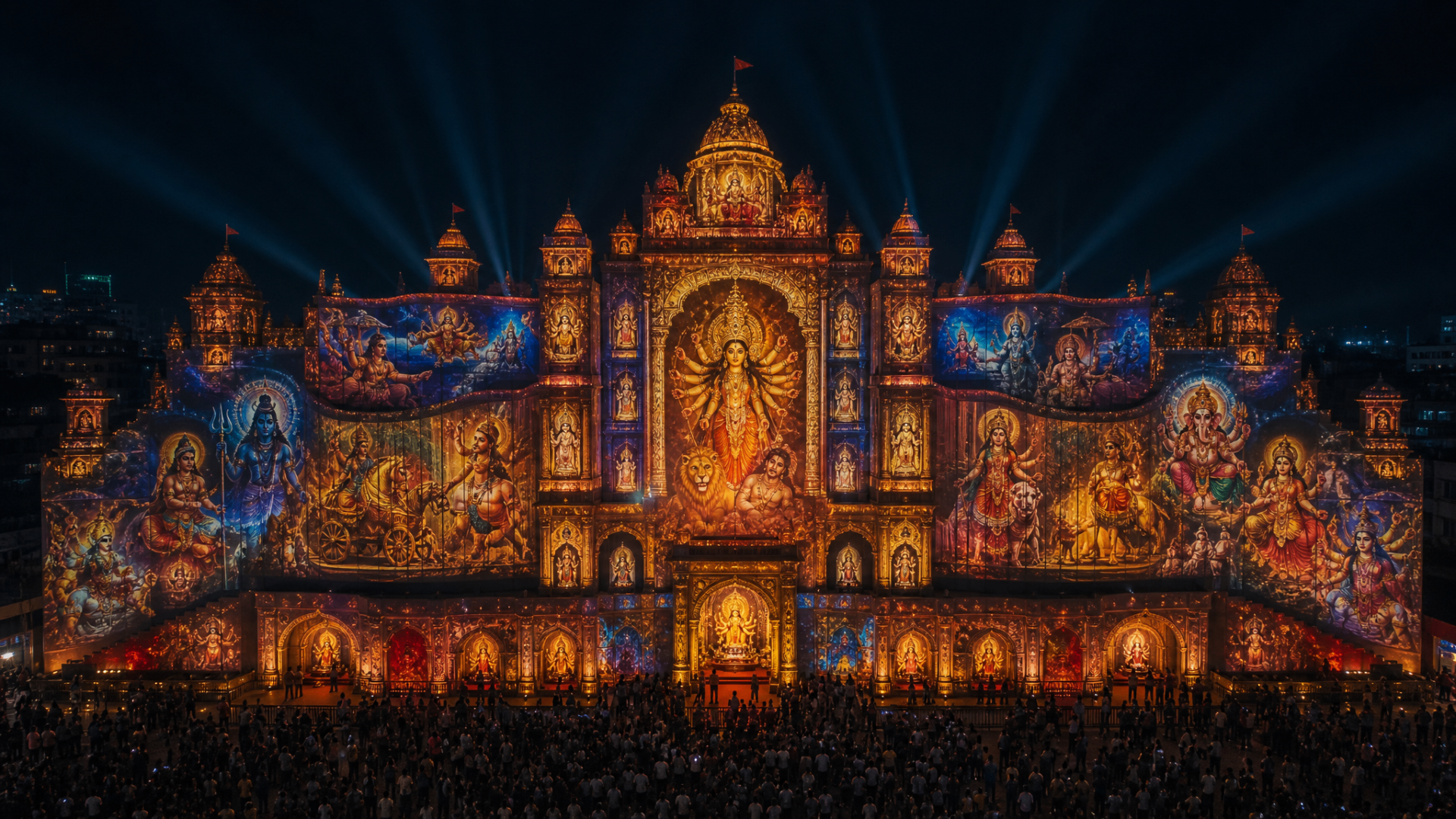 Grand Durga Puja pandal with 3D projection mapping — Durga, Shiva, Ganesh & Navdurga
