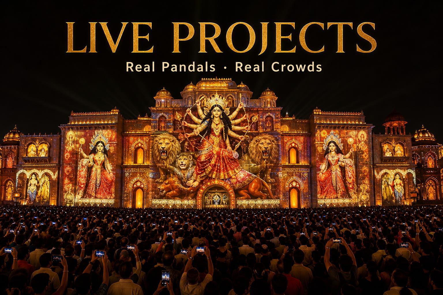 Live Projects — Real Pandals, Real Crowds: massive Durga Puja pandal with 3D projection mapping and huge audience